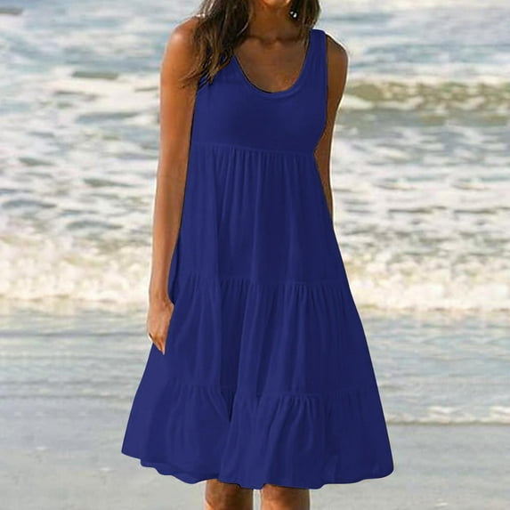 Jophufed Women's Plus Size Summer Dresses Fashion Holiday Summer Solid Color Sleeveless Party Beach Dress
