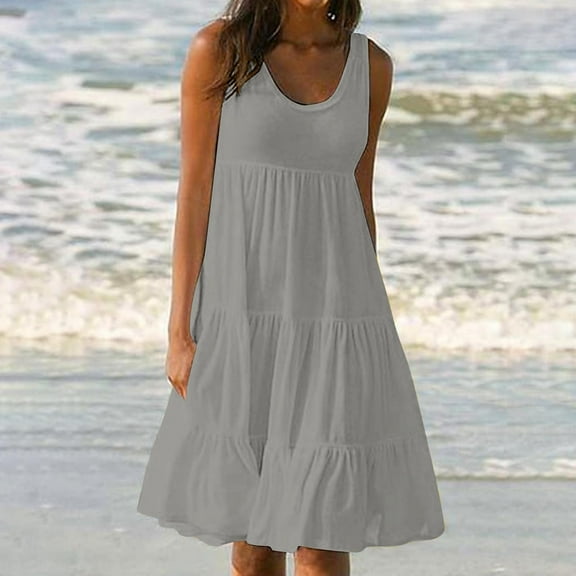 Jophufed Women's Plus Size Summer Dresses Fashion Holiday Summer Solid Color Sleeveless Party Beach Dress
