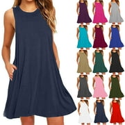 EGZMBLL Summer Casual Dresses for Women Sleeveless Midi Dress Swing Tank Sundress Pleated Tshirt Dress S-2XL