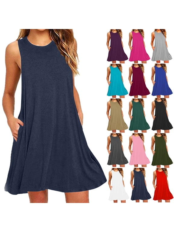 Egzmbll Summer Casual Dresses for Women Sleeveless Midi Dress Swing Tank Sundress Pleated Tshirt Dress S-2XL