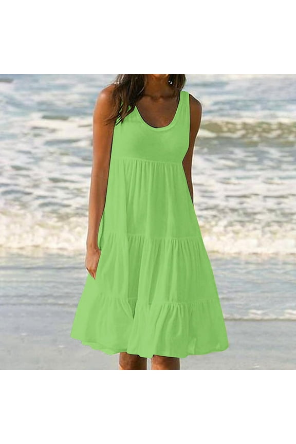 Jophufed Women's Plus Size Summer Dresses Fashion Holiday Summer Solid Color Sleeveless Party Beach Dress