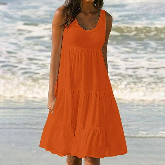 Jophufed Women's Plus Size Summer Dresses Fashion Holiday Summer Solid Color Sleeveless Party Beach Dress