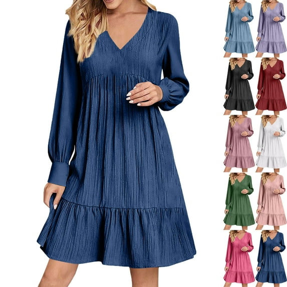 Lenago Midi Dresses for Women Solid Color Ladies' Dress with Long Sleeves V Neck Pleated Hemline Casual Girls' ATK Dress Skirts Summer Autumn Vacation Party Fashion
