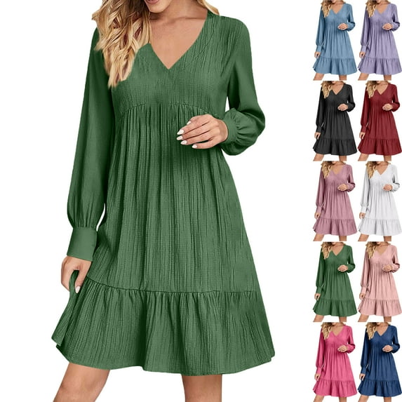 Lenago Midi Dresses for Women Solid Color Ladies' Dress with Long Sleeves V Neck Pleated Hemline Casual Girls' ATK Dress Skirts Summer Autumn Vacation Party Fashion
