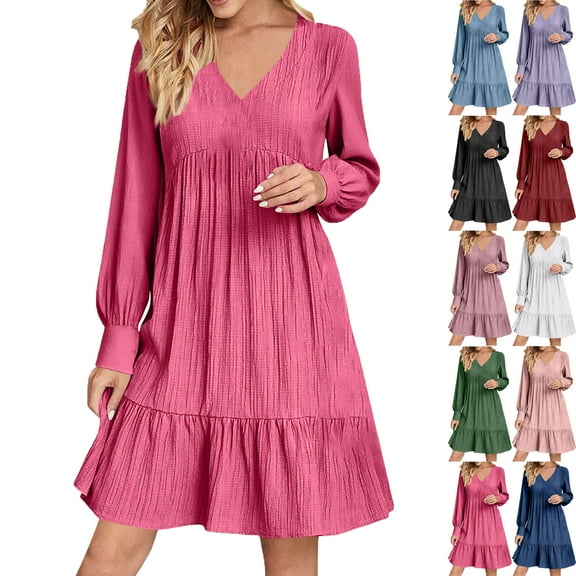 Lenago Midi Dresses for Women Solid Color Ladies' Dress with Long Sleeves V Neck Pleated Hemline Casual Girls' ATK Dress Skirts Summer Autumn Vacation Party Fashion