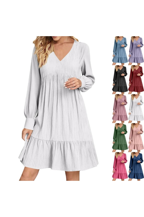 Midi Dresses for Women Solid Color Ladies' Dress with Long Sleeves V Neck Pleated Hemline Casual Girls' ATK Dress Skirts Summer Autumn Vacation Party Fashion