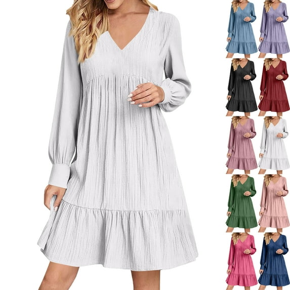 Lenago Midi Dresses for Women Solid Color Ladies' Dress with Long Sleeves V Neck Pleated Hemline Casual Girls' ATK Dress Skirts Summer Autumn Vacation Party Fashion