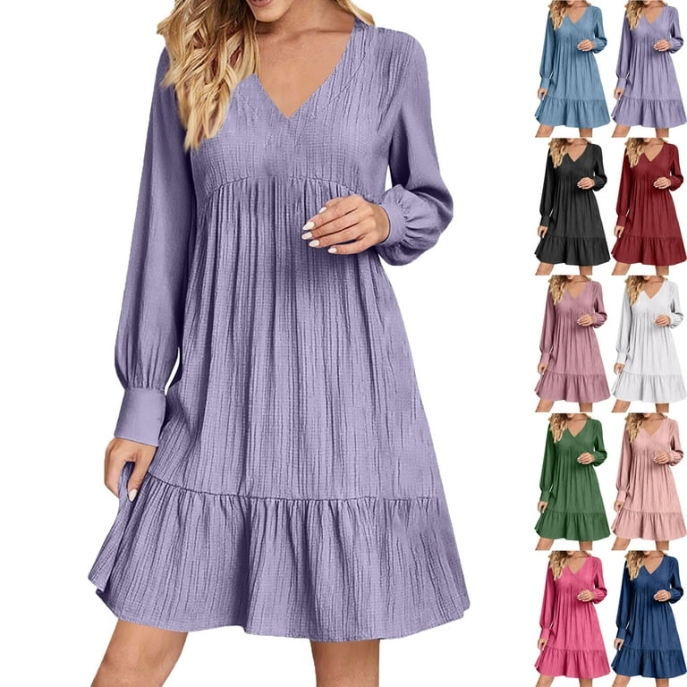 Lenago Midi Dresses for Women Solid Color Ladies' Dress with Long