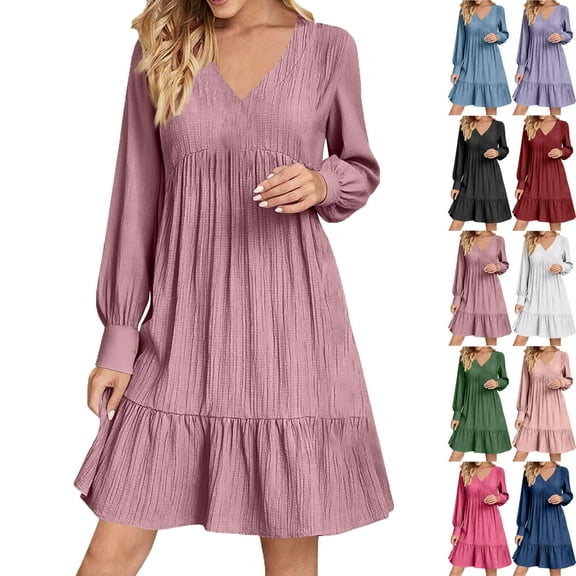 Lenago Midi Dresses for Women Solid Color Ladies' Dress with Long Sleeves V Neck Pleated Hemline Casual Girls' ATK Dress Skirts Summer Autumn Vacation Party Fashion
