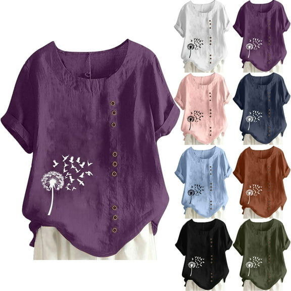 Jophufed Women's Summer Casual Round Neck Short Sleeve Flower Print Loose Shirt TopS Gifts