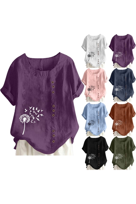 Jophufed Women's Summer Casual Round Neck Short Sleeve Flower Print Loose Shirt TopS Gifts