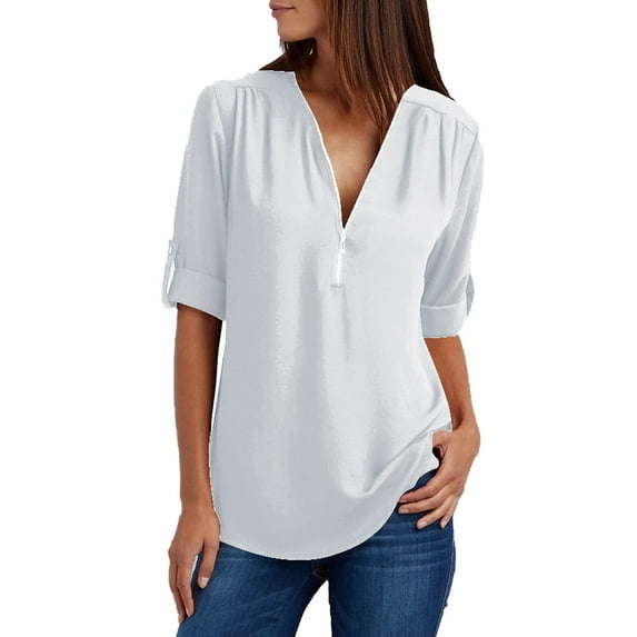 Jophufed Women's Summer Shirts Zip Casual Tunic V-Neck Rollable Blouse Tops T-Shirt Gifts