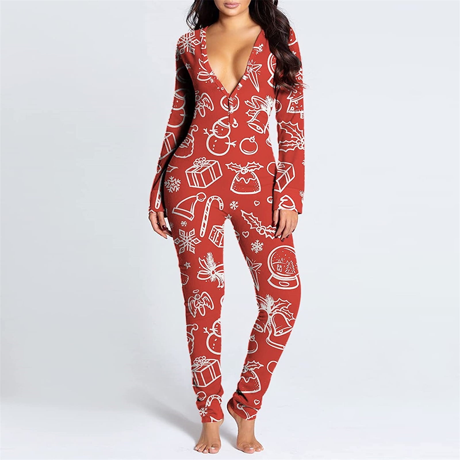 Jophufed Womens Onesie Flap Pajamas Christmas Print Sexy Butt Flap