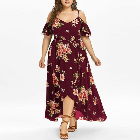 Jophufed Womens Plus Size Dresses Boho Flower Print Long Dress Casual Short Sleeve Cold Shoulder Dresses for Women Party Casual