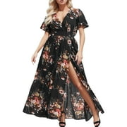 AOUJEA Jophufed Womens Plus Size Summer Dresses 2022 Party Boho Print Maxi Long Dress V-Neck Short Sleeve Dresses for Wedding Guest on Clearance