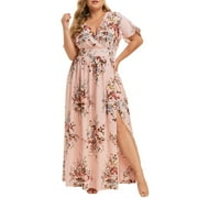 LENAGO Jophufed Womens Plus Size Summer Dresses 2022 Party Boho Print Maxi Long Dress V-Neck Short Sleeve Dresses for Wedding Guest on Clearance