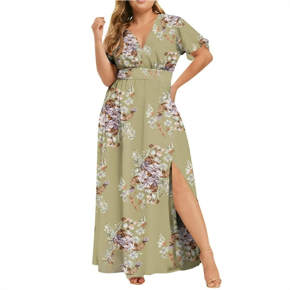 Jophufed Womens Plus Size Summer Dresses 2024 Party Boho Print Maxi Long Dress V-Neck Short Sleeve Dresses for Wedding Guest on