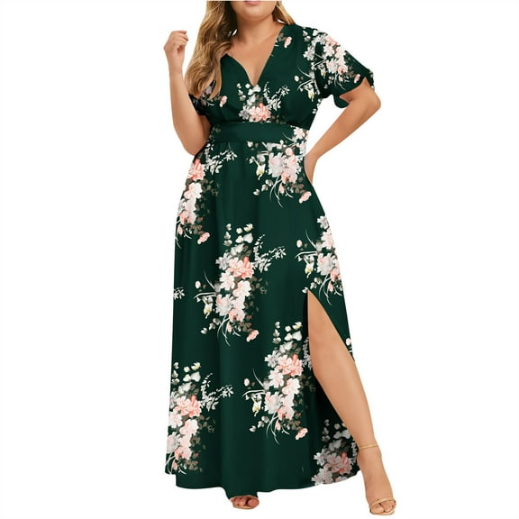 Jophufed Womens Plus Size Summer Dresses 2024 Party Boho Print Maxi Long Dress V-Neck Short Sleeve Dresses for Wedding Guest on