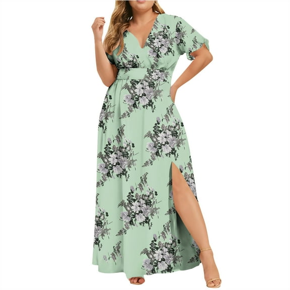 Jophufed Womens Plus Size Summer Dresses 2024 Party Boho Print Maxi Long Dress V-Neck Short Sleeve Dresses for Wedding Guest on