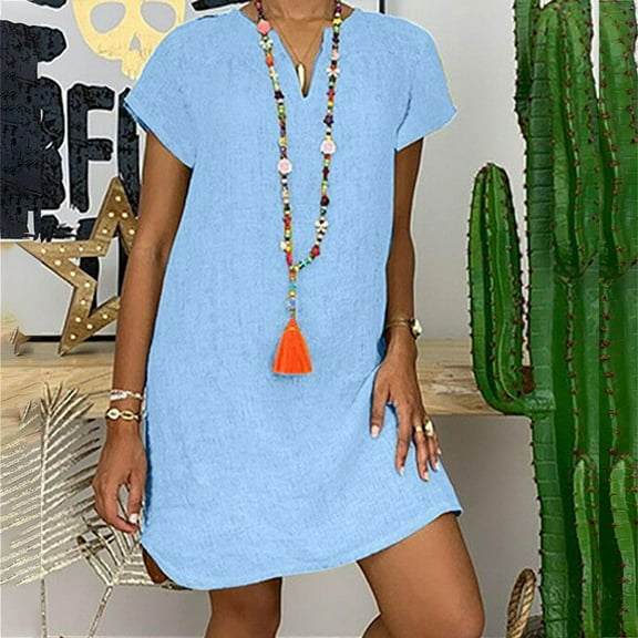 Jophufed Womens Summer Dresses Plus Size Short Sleeve V-Neck Casual Hot Vacation Solid Color Party Beach Mini Shirt Dress