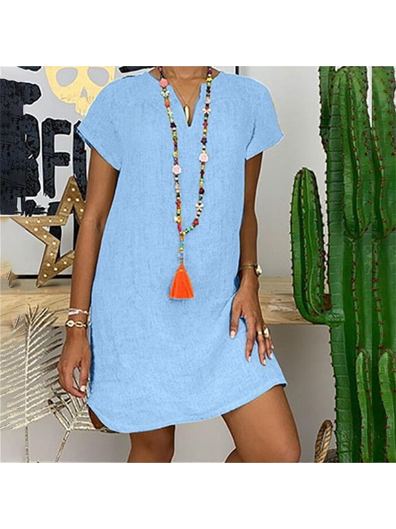 Jophufed Womens Summer Dresses Plus Size Short Sleeve V-Neck Casual Hot Vacation Solid Color Party Beach Mini Shirt Dress
