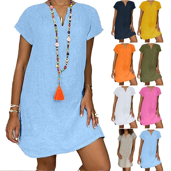 Jophufed Womens Summer Dresses Plus Size Short Sleeve V-Neck Casual Hot Vacation Solid Color Party Beach Mini Shirt Dress