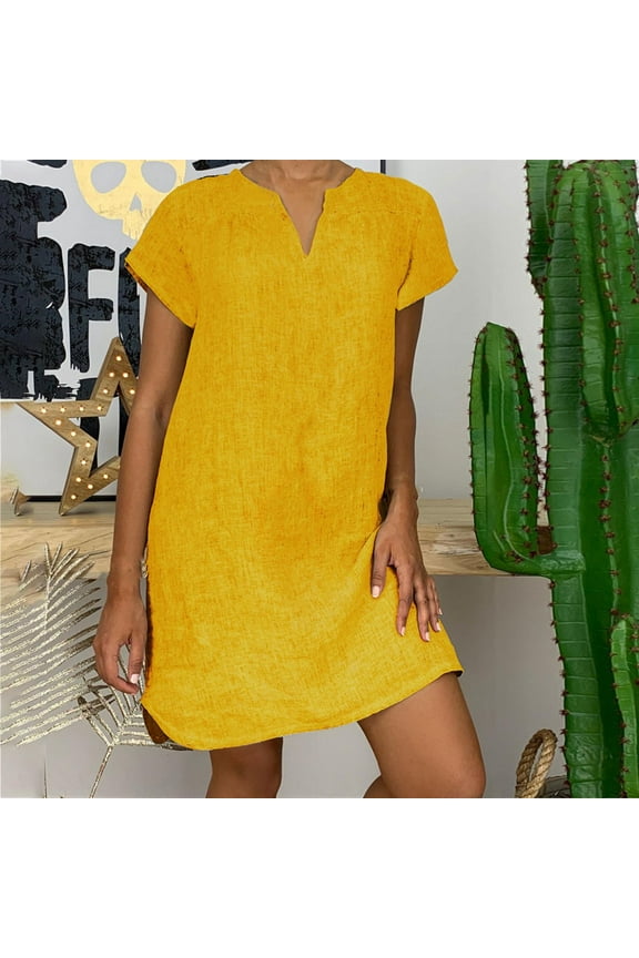 Jophufed Womens Summer Dresses Plus Size Short Sleeve V-Neck Casual Hot Vacation Solid Color Party Beach Mini Shirt Dress