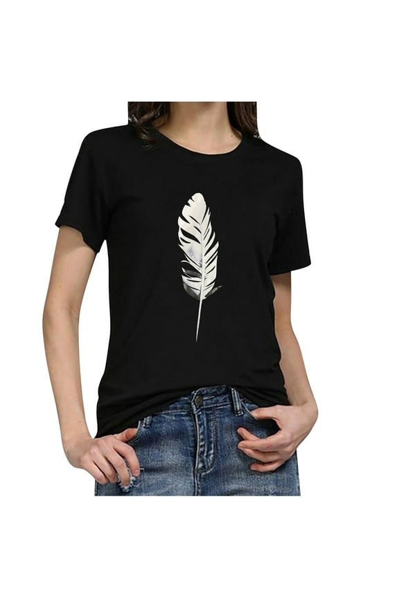 Womens Summer Shirts Fashion O-Neck Short Sleeve T-Shirt Feather Print Casual Top Tee Blouse Gifts