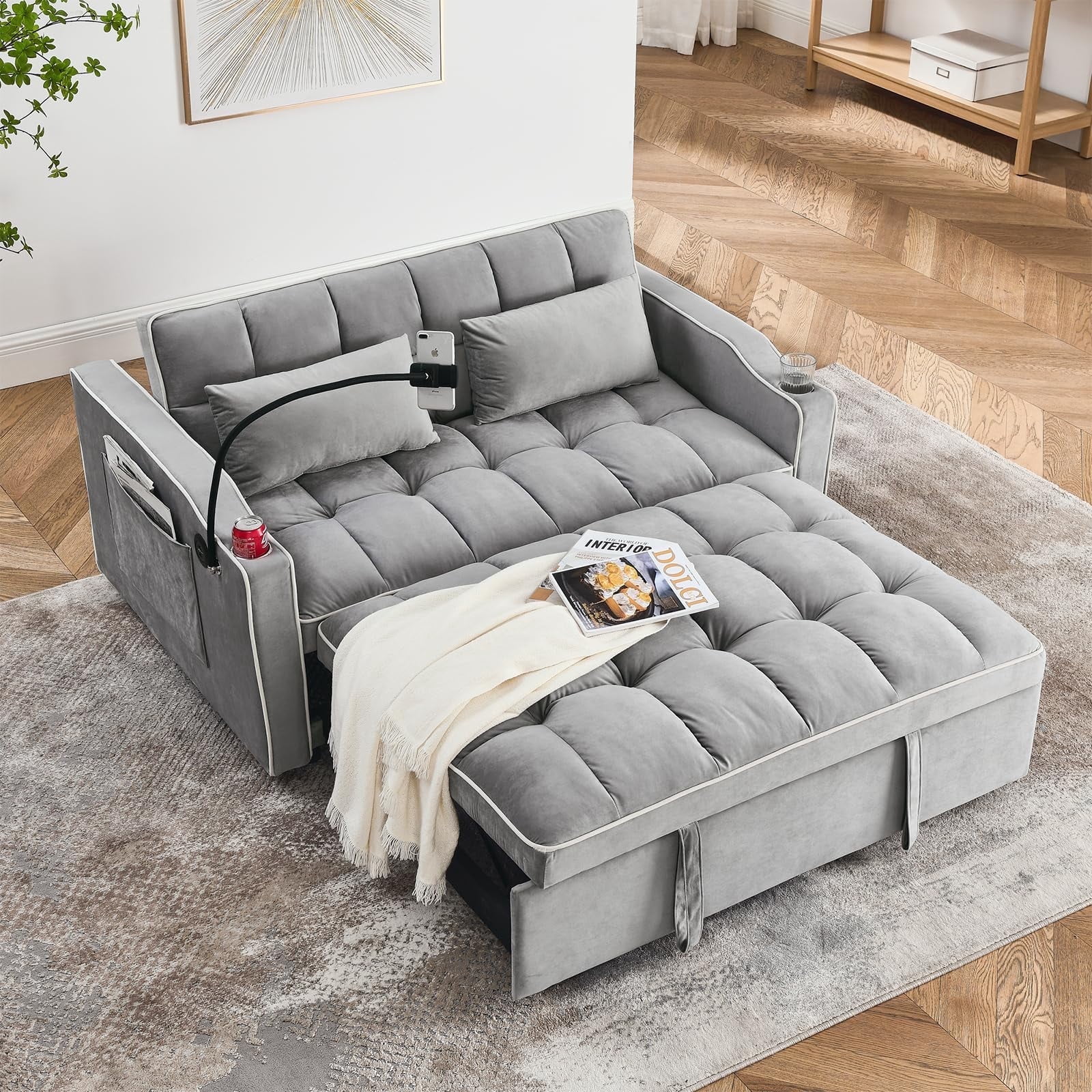 Joqixon 3 in 1 Convertible Velvet Sofa Bed with Pull Out Coach Bed, Adjustable Backrest, Loveseat Futon Sofa with USB Ports, 2 Cup Holders & Storage Pockets for Bedroom, Living Room, Apartment, Gray