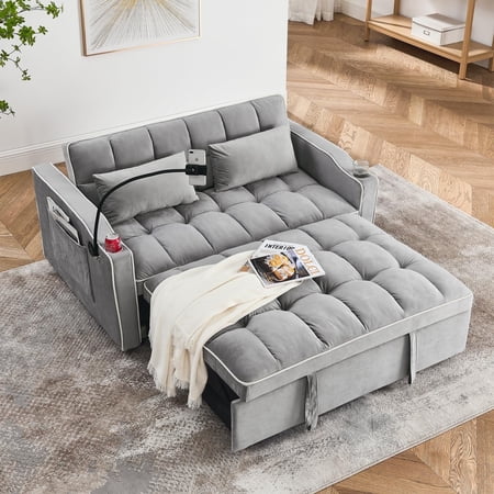 Joqixon 3 in 1 Convertible Velvet Sofa Bed with Pull Out Coach Bed, Adjustable Backrest, Loveseat Futon Sofa with USB Ports, 2 Cup Holders & Storage Pockets for Bedroom, Living Room, Apartment, Gray