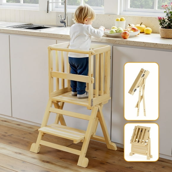 Joqixon Toddler Tower Foldable Helper for Kitchen: Toddler Step Stool Learning Standing Tower for Counter - Kitchen Stool Helper for Kids, 1-3 Years Old Boy Girl Gifts, Wood