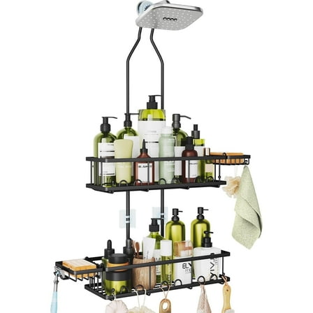 Joqixon Rustproof Shower Caddy Hanging, Adjustable Height No Blocking to Shower Head, Black Shower Caddy Over Showerhead Shower Organizer, Shower Shelves with Hooks 2 Soap Holders