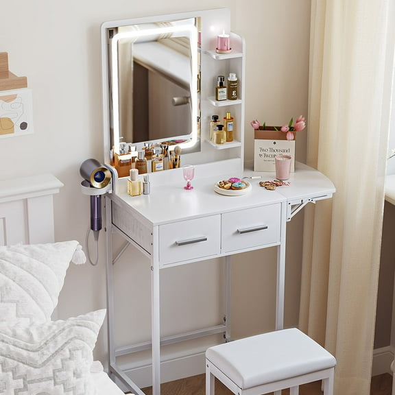 Joqixon Makeup Vanity Desk with Mirror and Lights, Space Saving Makeup Vanity Table Set with 3 Color LED Light, 2 Drawers & Cushion Stool, White