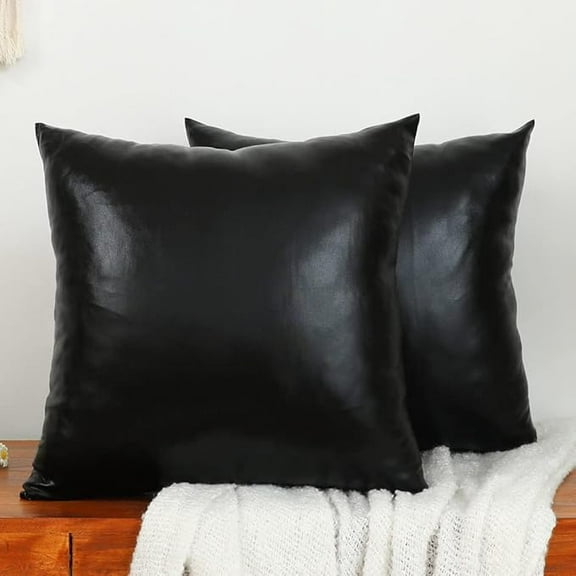 Joqmia 2pcs Decorative Throw Pillow Covers Modern Metallic Shiny Cushion Cover, Faux Leather Soft Square Pillowcase for Sofa/Bed/Party, 18 x 18 Inch Black