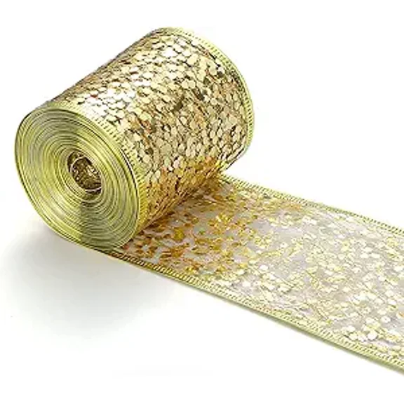 Joqmia Gold Wired Ribbon 2.5 Inch Gold Valentine's Day Tree Ribbon Glitter Sequin Metallic Mesh Wired wedding Ribbon for Wreaths Topper Bows Crafts Gift Wrap Holiday Decor- 10 Yards (30Ft)