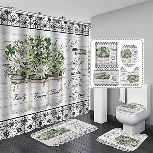 Joqmia Green Leaves Shower Curtain Sets with Non-Slip Rug 4PCS, Toilet Lid Cover and Bath Mat, Plant Leaves Shower Curtain Sets with 12 Hooks, Shower Curtain for Bathroom Set Decor