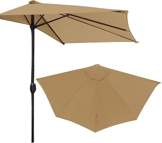 Joqmia Patio Half  Umbrella Replacement Canopy Cover - 9FT Half Umbrella Outdoor Patio Canopy with Easy Hand Crank - Condo, Townhouse, or Balcony Furniture(Khaki,2pc)