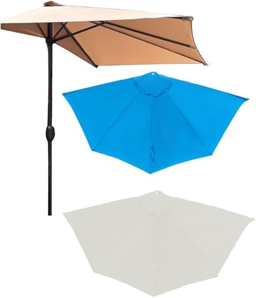 Joqmia Patio Half  Umbrella Replacement Canopy Cover - 9FT Half Umbrella Outdoor Patio Canopy with Easy Hand Crank - Condo, Townhouse, or Balcony Furniture(Khaki-White-Blue,3pc)