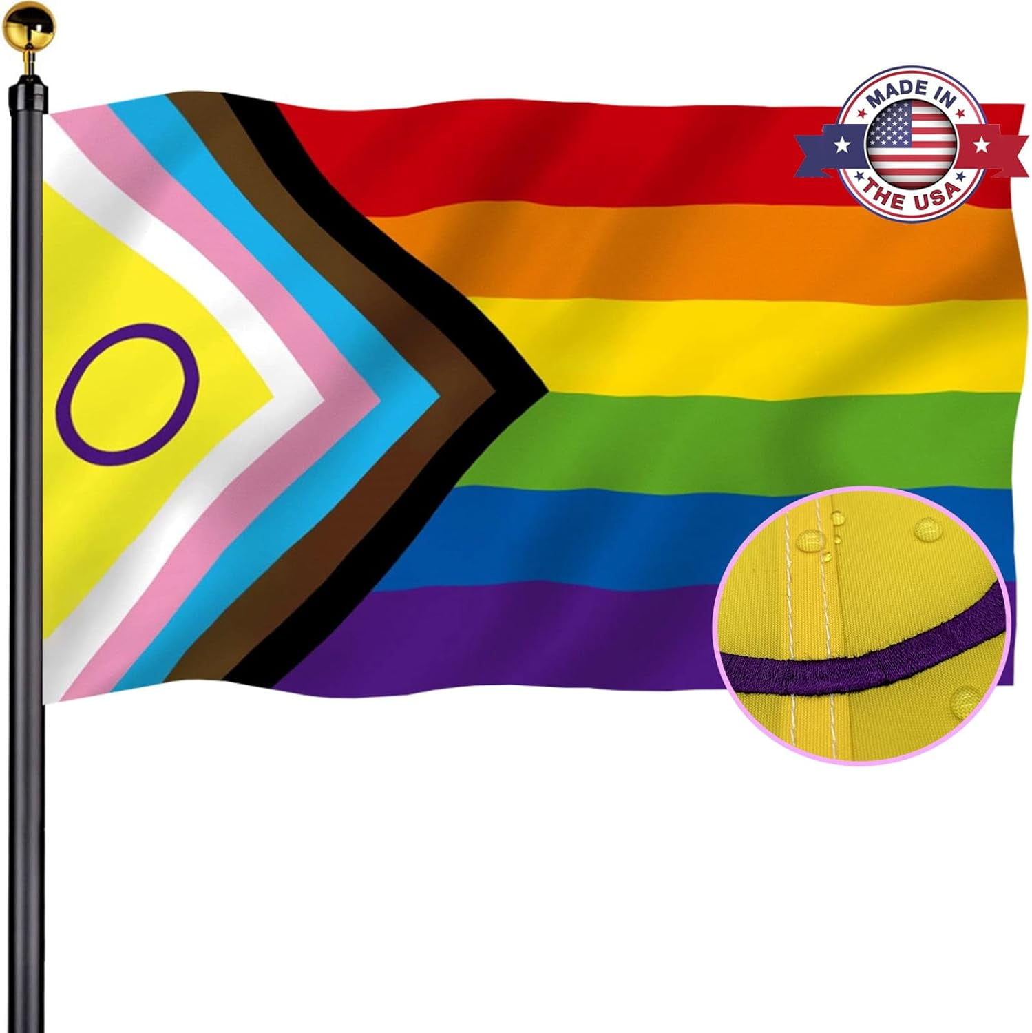 Joqmia Rip-Proof Pride Flags 3x5Ft Outdoor - Embroidered Circle and Sewn Stripes Inclusive Lesbian Gay Bisexual Transgender Rainbow Flag for Outside with 2 Brass Grommets UV protection Fade Resistant