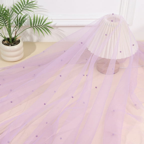 Joqmia Table Runner Wedding Veil Beaded Pearl Lace Fabrics Soft Tulle Tablecloth with Big and Small Pearls Draping Fabric for Wedding Ceremony Banquet Bridal Party Home Decorations Outdoor Decor