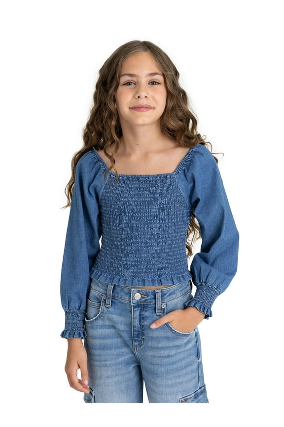 Girls Smocked Denim Top, Sizes 4-18