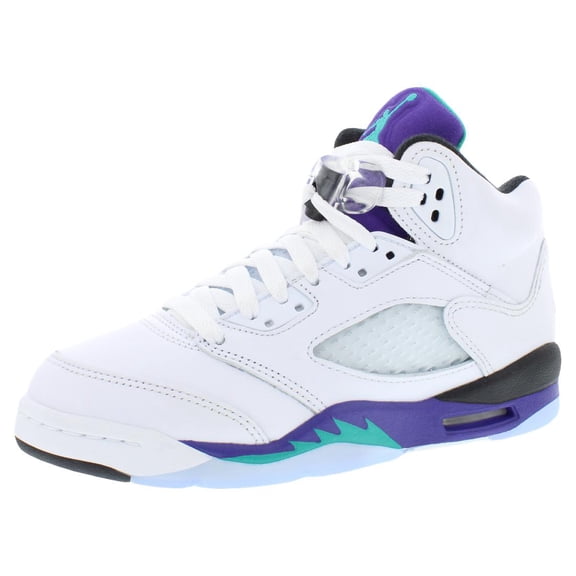 Nike Air Jordan 5 Retro Original Leather GS Boys Shoes Size 4, Color: White/New Emerald/Grape Ice