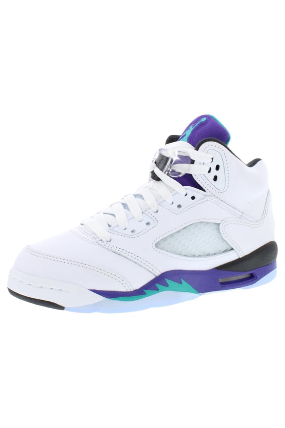 Air Jordan 5 Retro Original Leather GS Boys Shoes Size 4, Color: White/New Emerald/Grape Ice