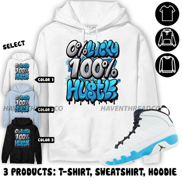 Jordan 9 Powder Blue Hoodie Lucky Hustle, In Light Blue To Match