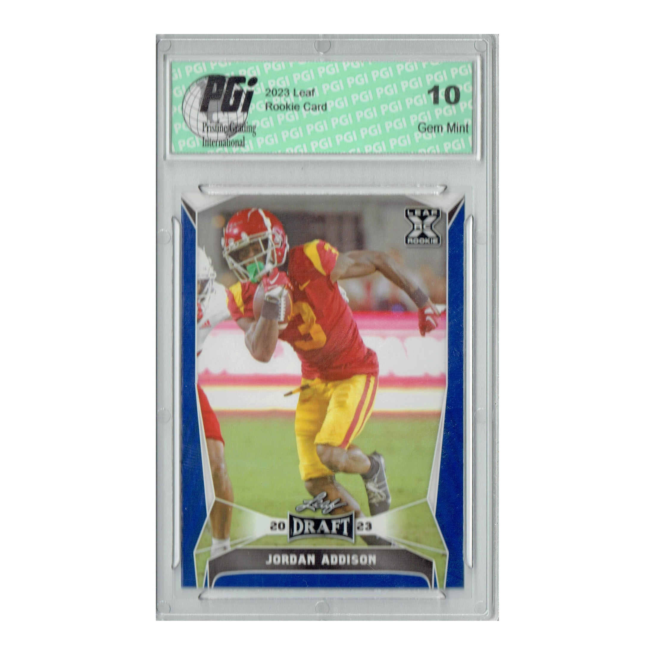 Jordan Addison 2023 Leaf Football #56 Blue SP Rookie Card PGI 10