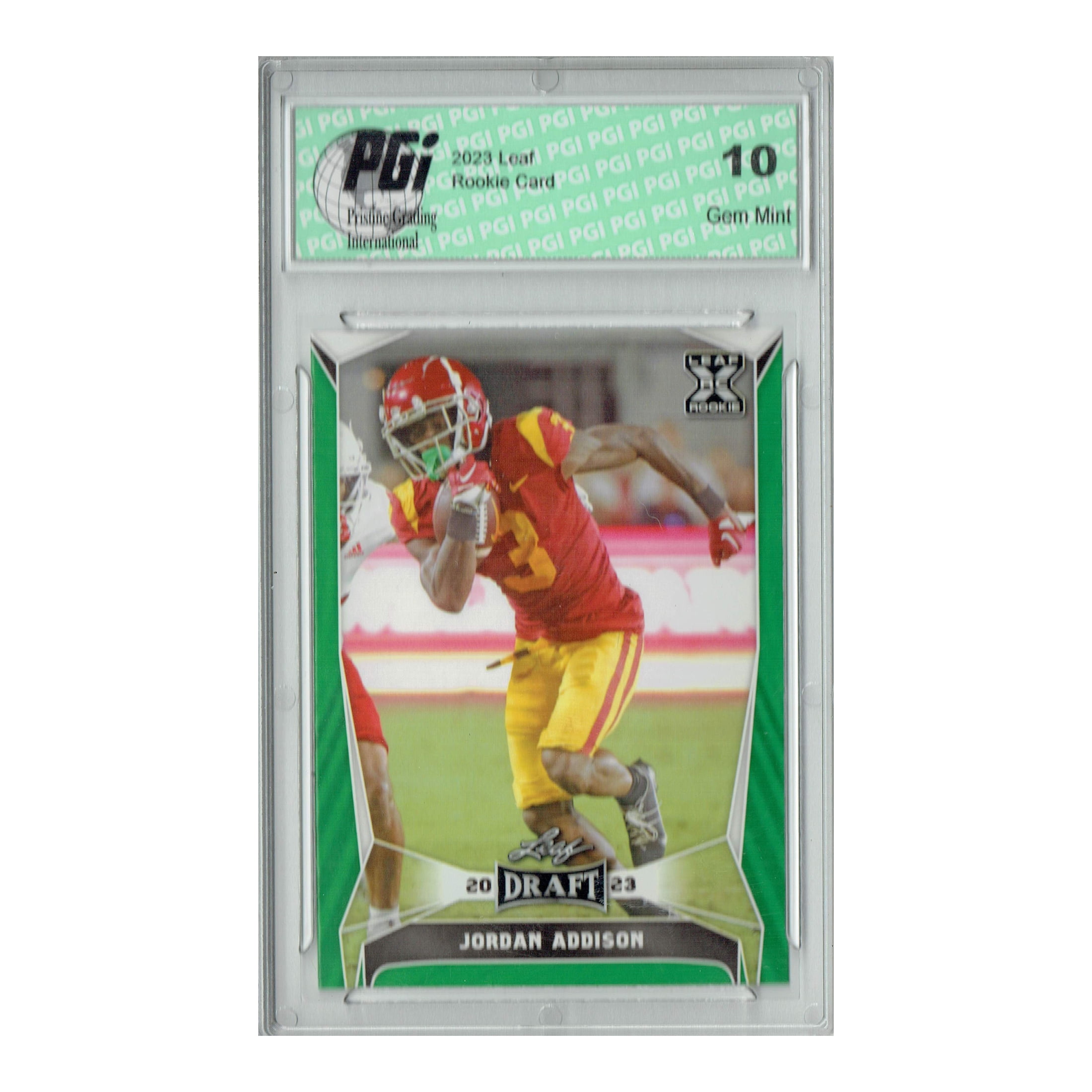 Jordan Addison 2023 Leaf Football #56 Green SP Rookie Card PGI 10