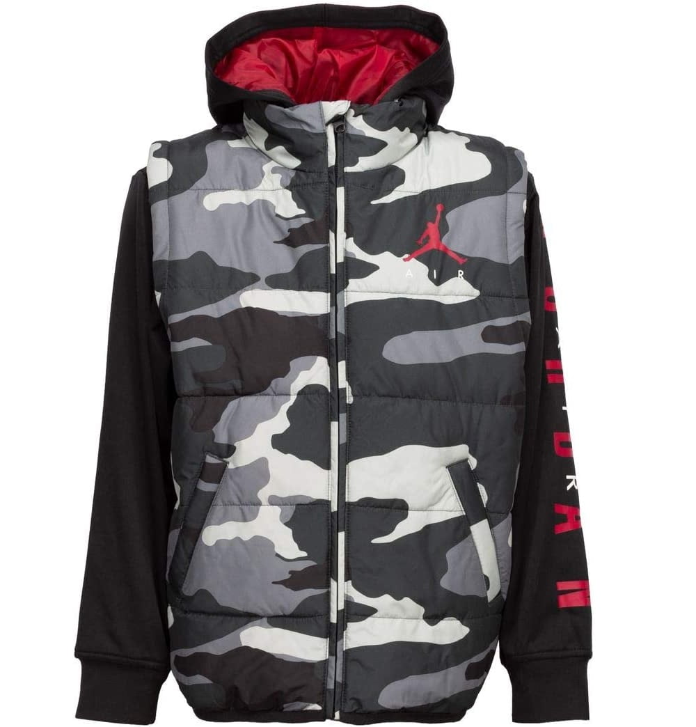 Jordan Big Boy s Layered Look Hooded Puffer Jacket Black Camo Size 8 10