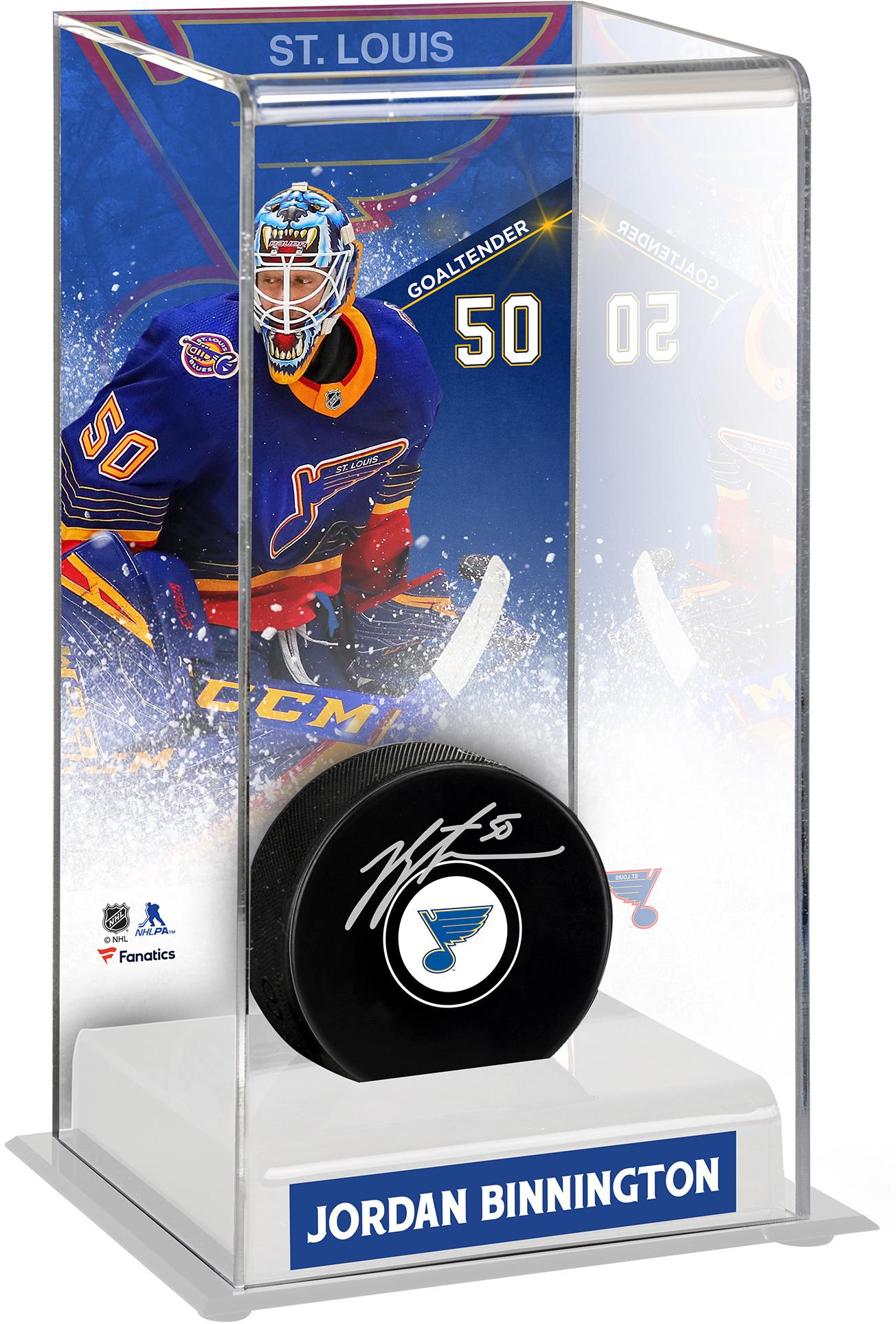 Jordan Binnington St. Louis Blues Autographed Puck with 90's Retro Alternate Jersey Deluxe Tall Hockey Puck Display Case - Fanatics Authentic Certified