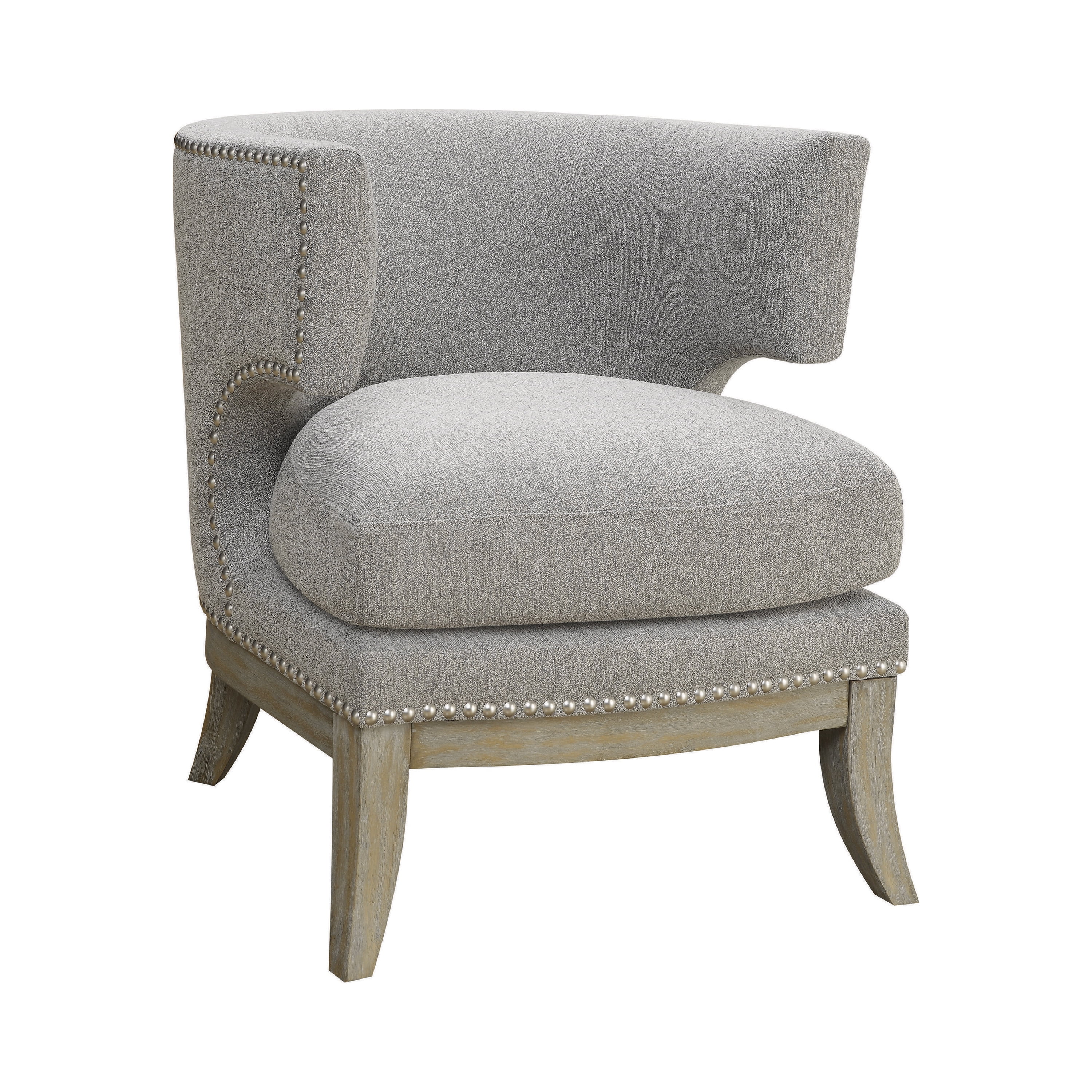 Transitional Grey Barrel Accent Chair with Weathered Wood