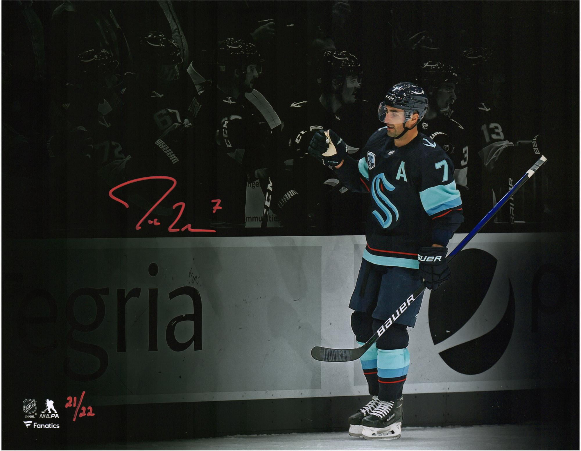 Jordan Eberle Seattle Kraken Autographed 11" x 14" Navy Jersey Celebration Spotlight Photograph - Limited Edition of 22 - Fanatics Authentic Certified